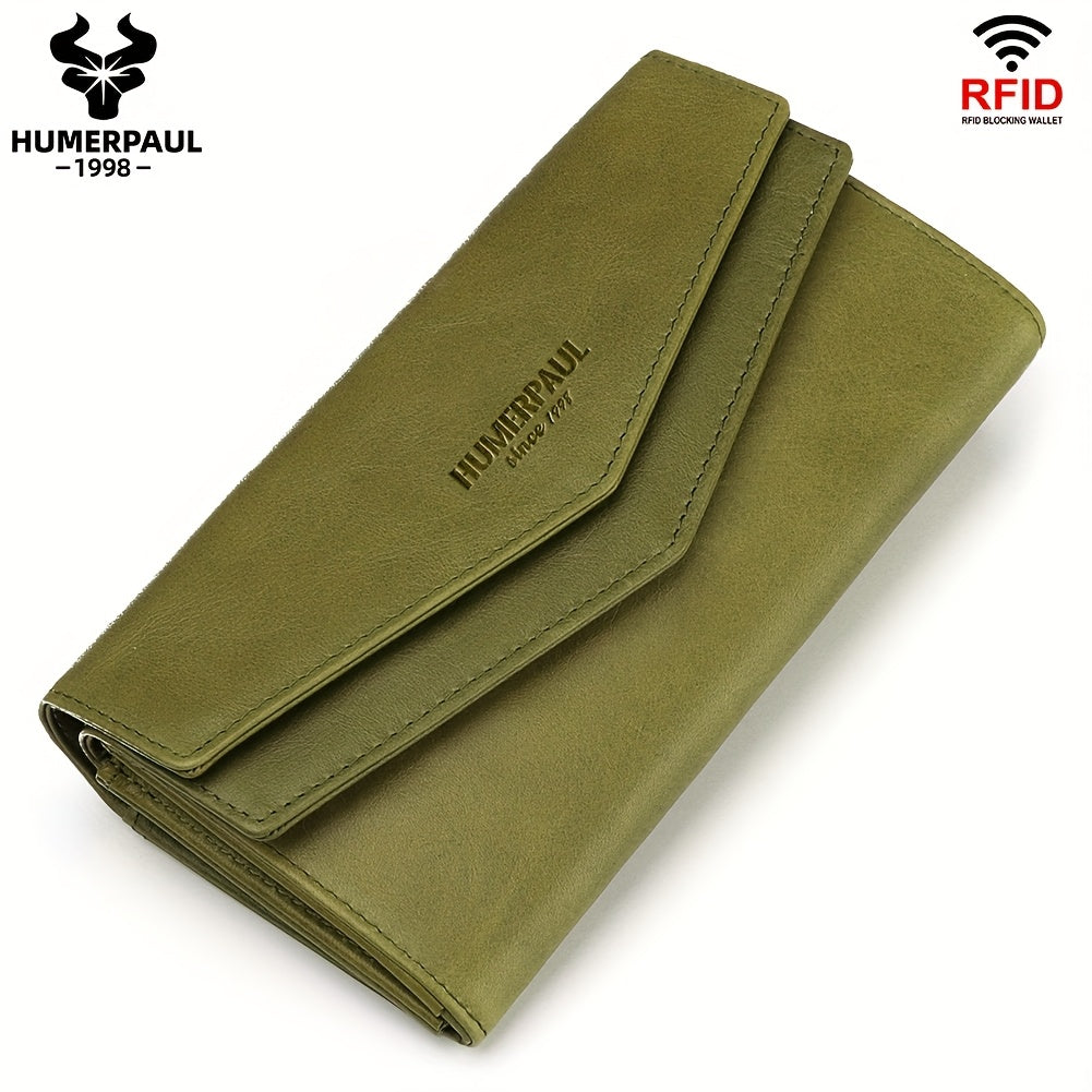 Women's Vintage Envelope Wallet Top Grain Leather Snap Closure Zip Pocket