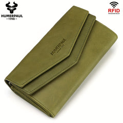 Women's Vintage Envelope Wallet Top Grain Leather Snap Closure Zip Pocket