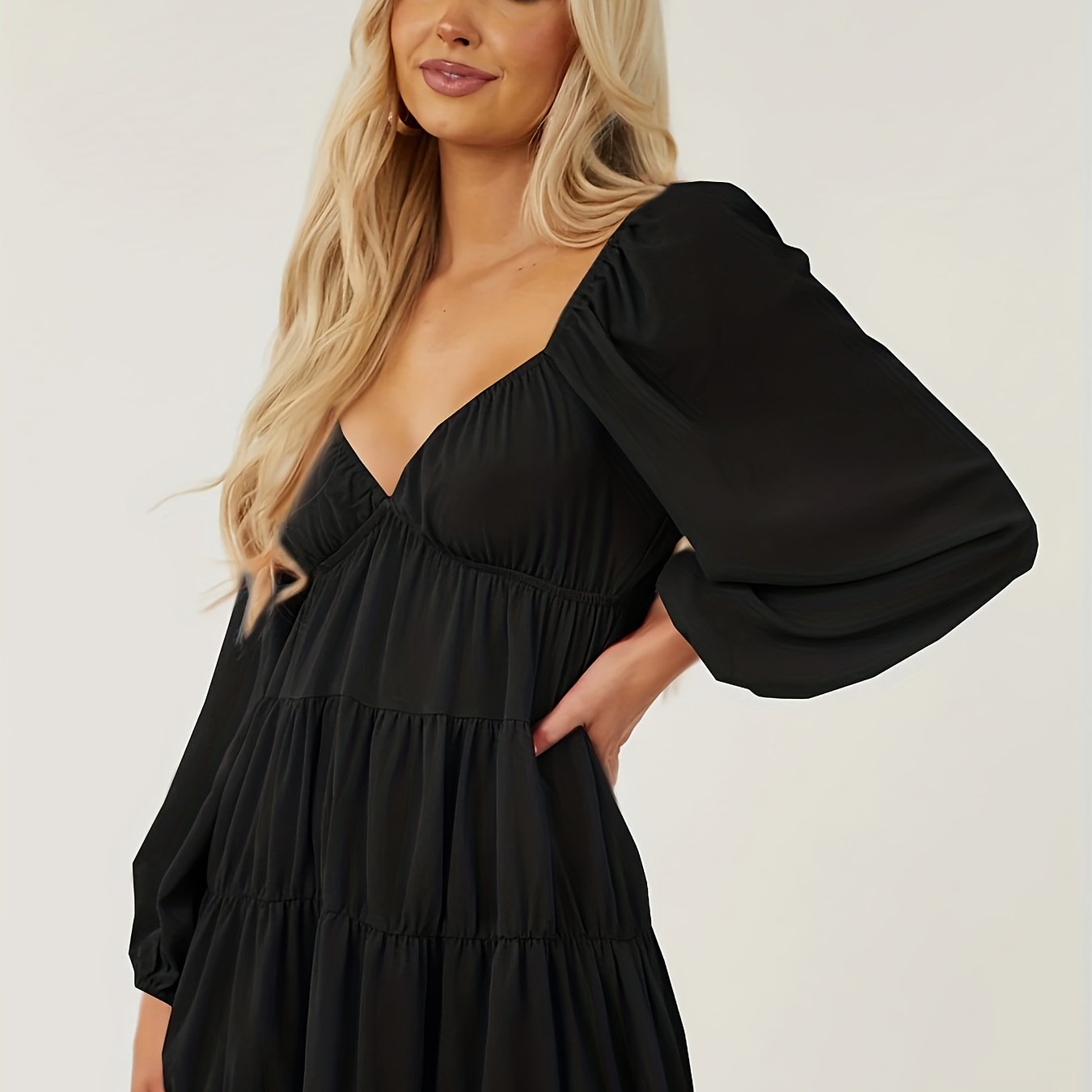 Solid Lantern Sleeve V Neck Ruched Smock Dress