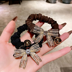 Golden Bead Rhinestone Bow Scrunchies Hair Ties Ponytail Holder