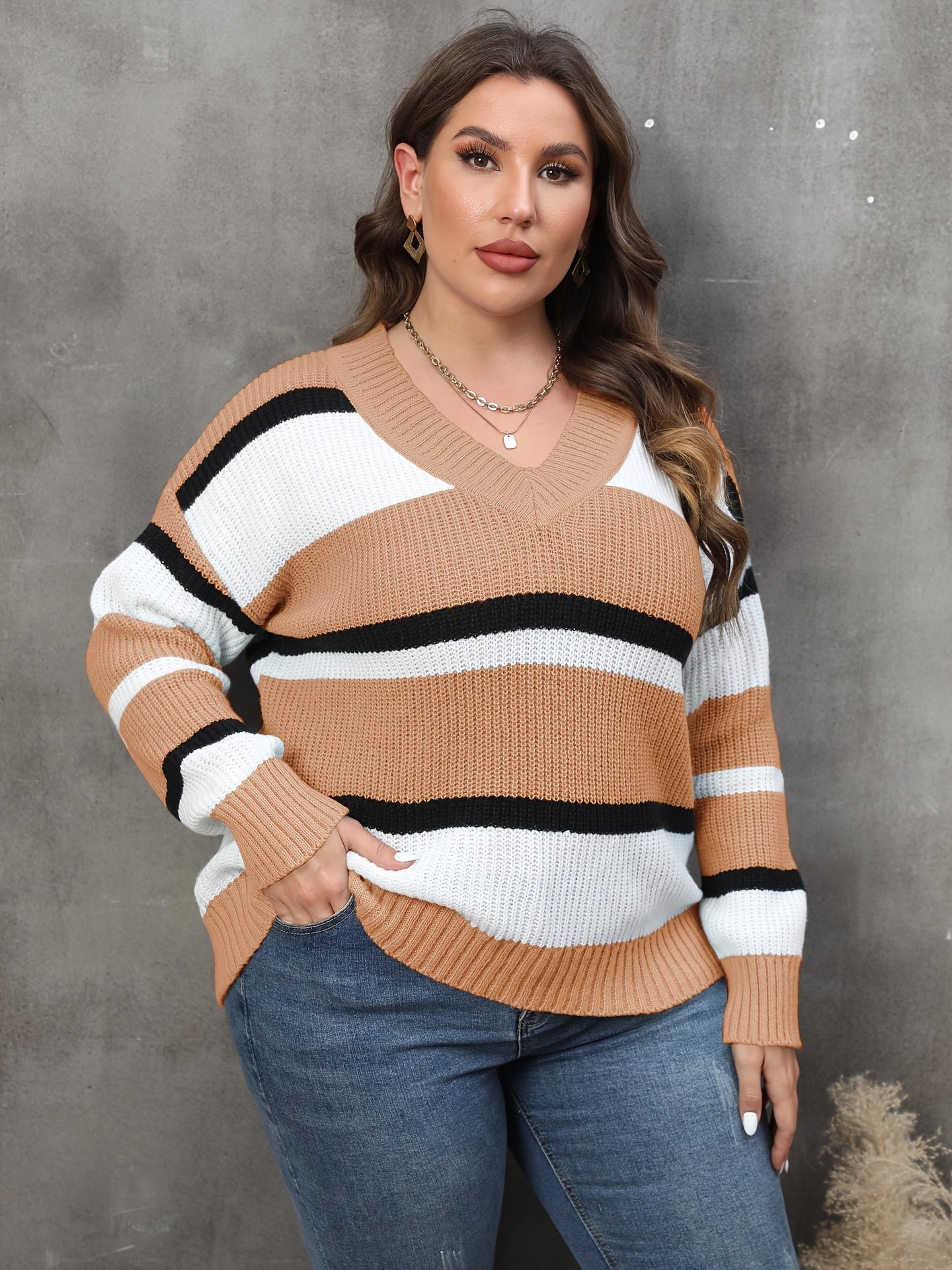  Colorblock V Neck Sweater Long Sleeve Stretch Jumper