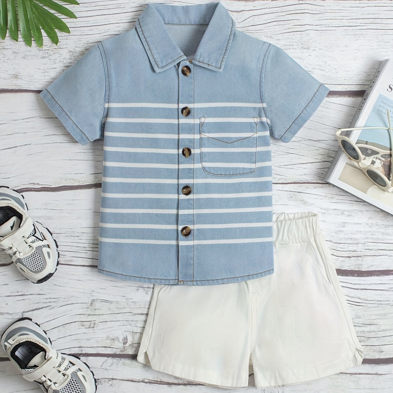 Boys Striped Denim Lapel Shirt Short Sleeve Button Down Tee