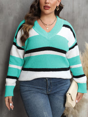 Colorblock Stripe V Neck Sweater
