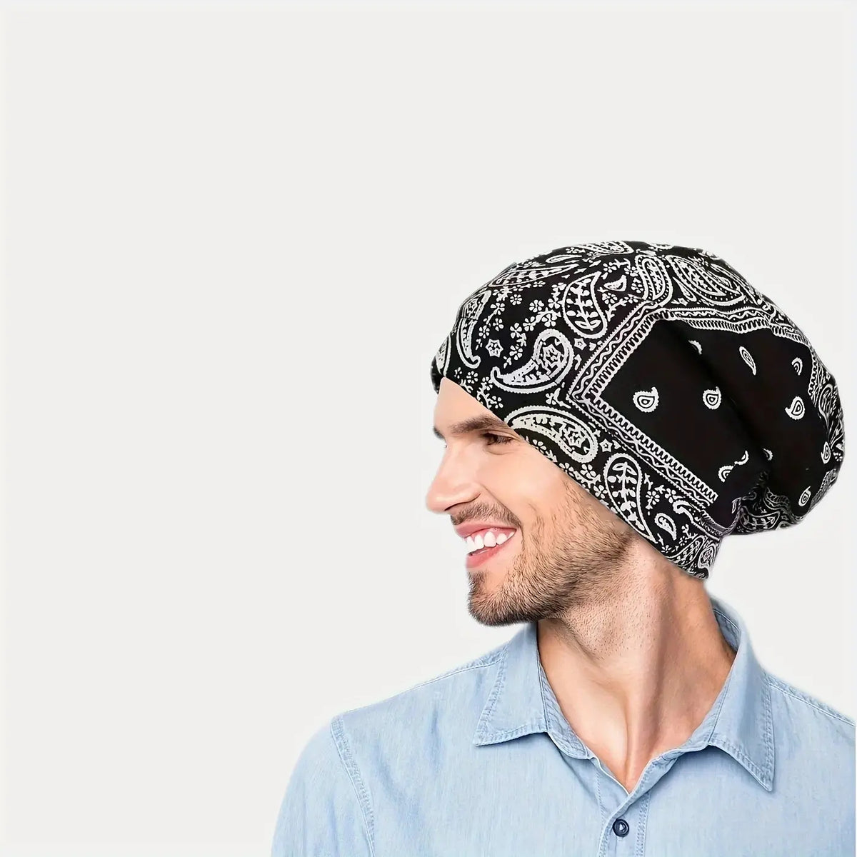 Vintage Cotton Brimless Hat Double Layer Print Roll Cuff Adjustable Men Women