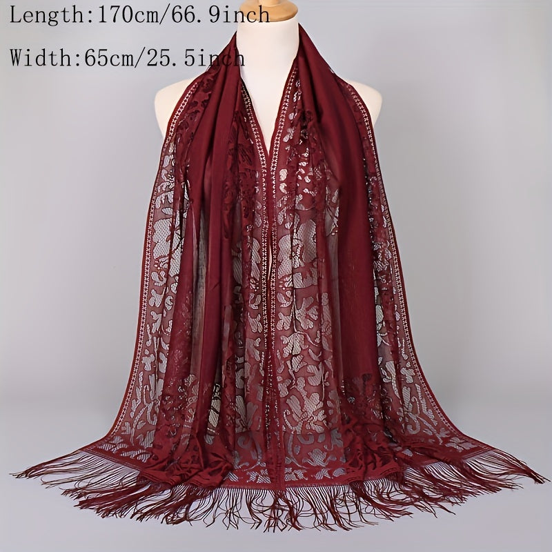 Floral Lace Scarf Shawl With Tassels Soft Mesh Fringe Wraps