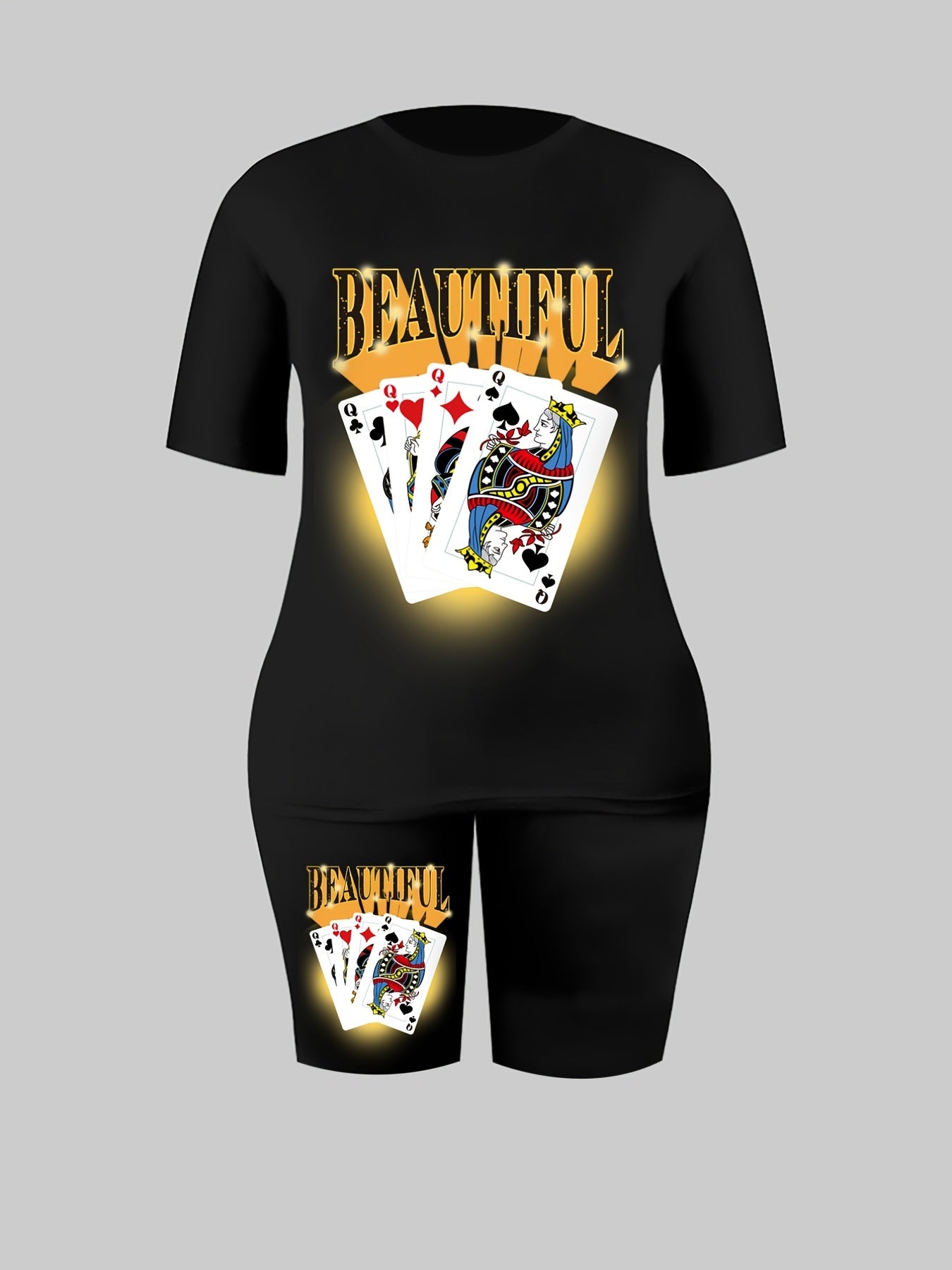  Poker & Letter Print Tee & Biker Shorts Set