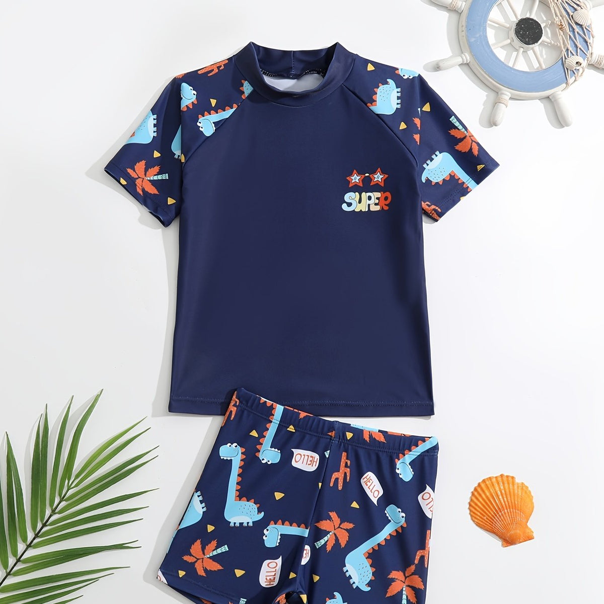 Boys Dino Swim Suit Trunks & Tops Short Sleeves Quick Dry Casual Kids Clothes