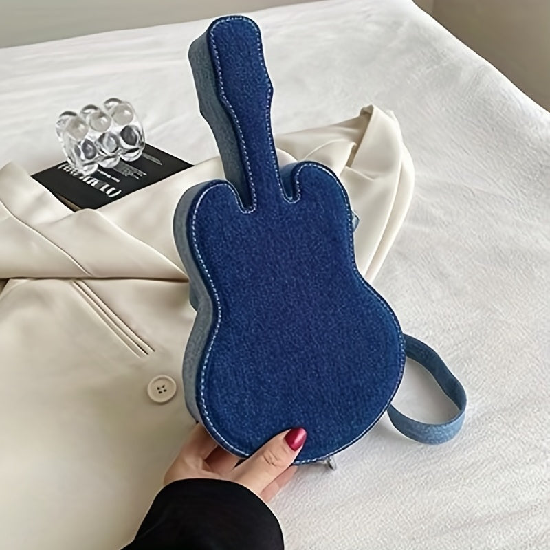 Denim Guitar Shaped Bag Crossbody Zipper Stylish Shoulder Purse