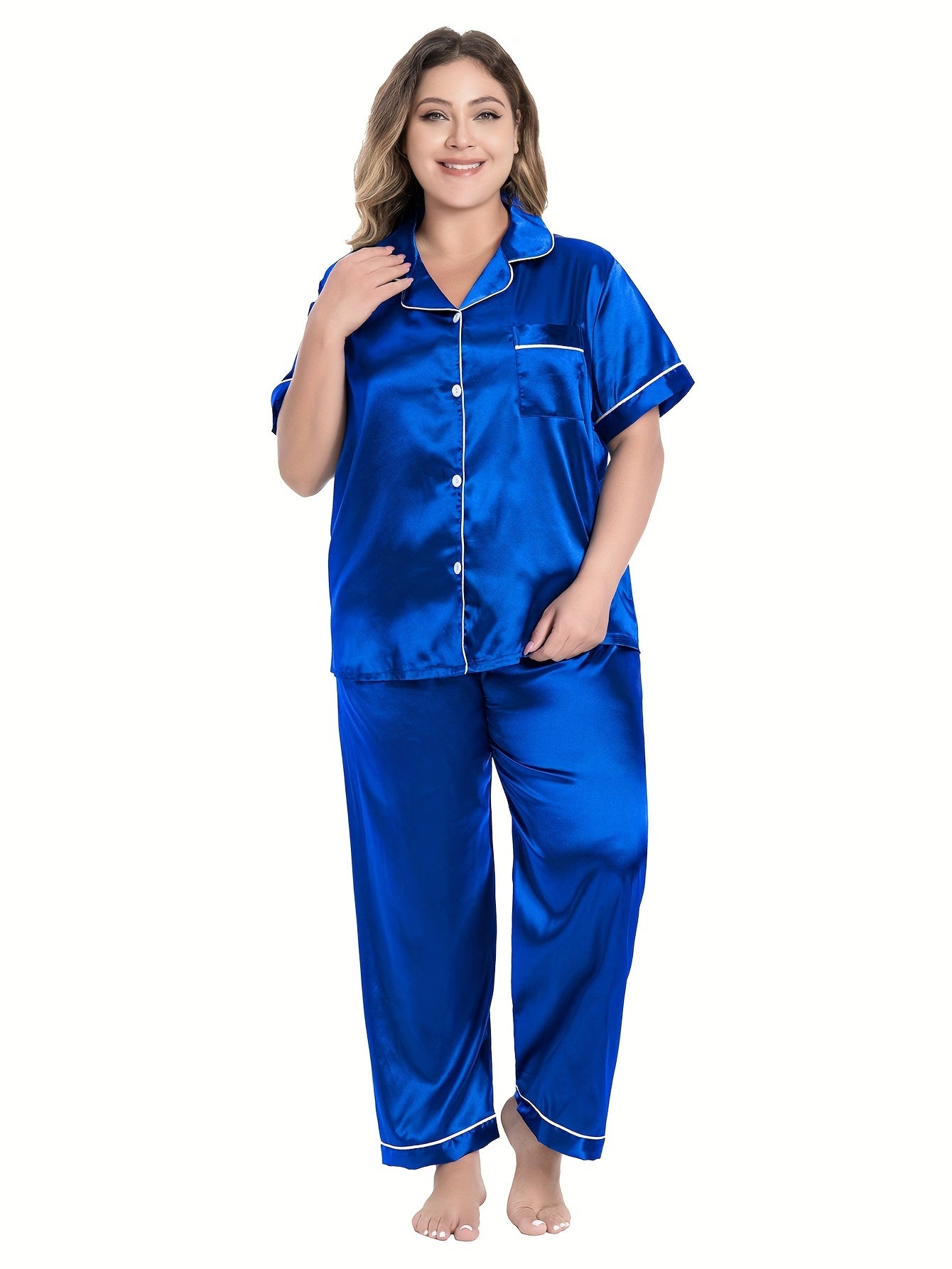  Silk Satin Button Up Shirt & Pants Lounge Set
