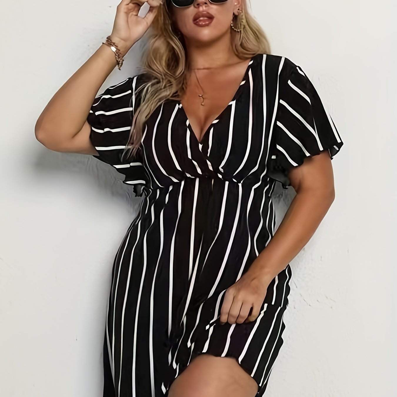  Pin Stripe Short Sleeve V Neck Mini Dress