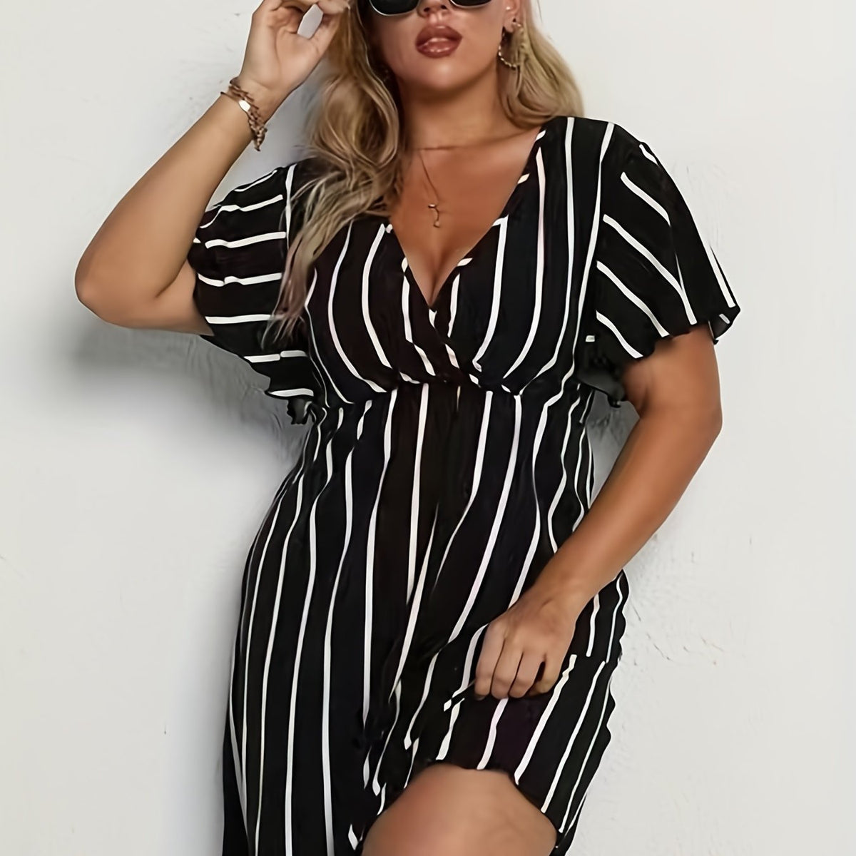  Pin Stripe Short Sleeve V Neck Mini Dress
