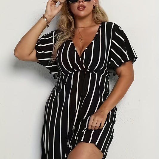  Pin Stripe Short Sleeve V Neck Mini Dress