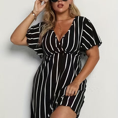  Pin Stripe Short Sleeve V Neck Mini Dress
