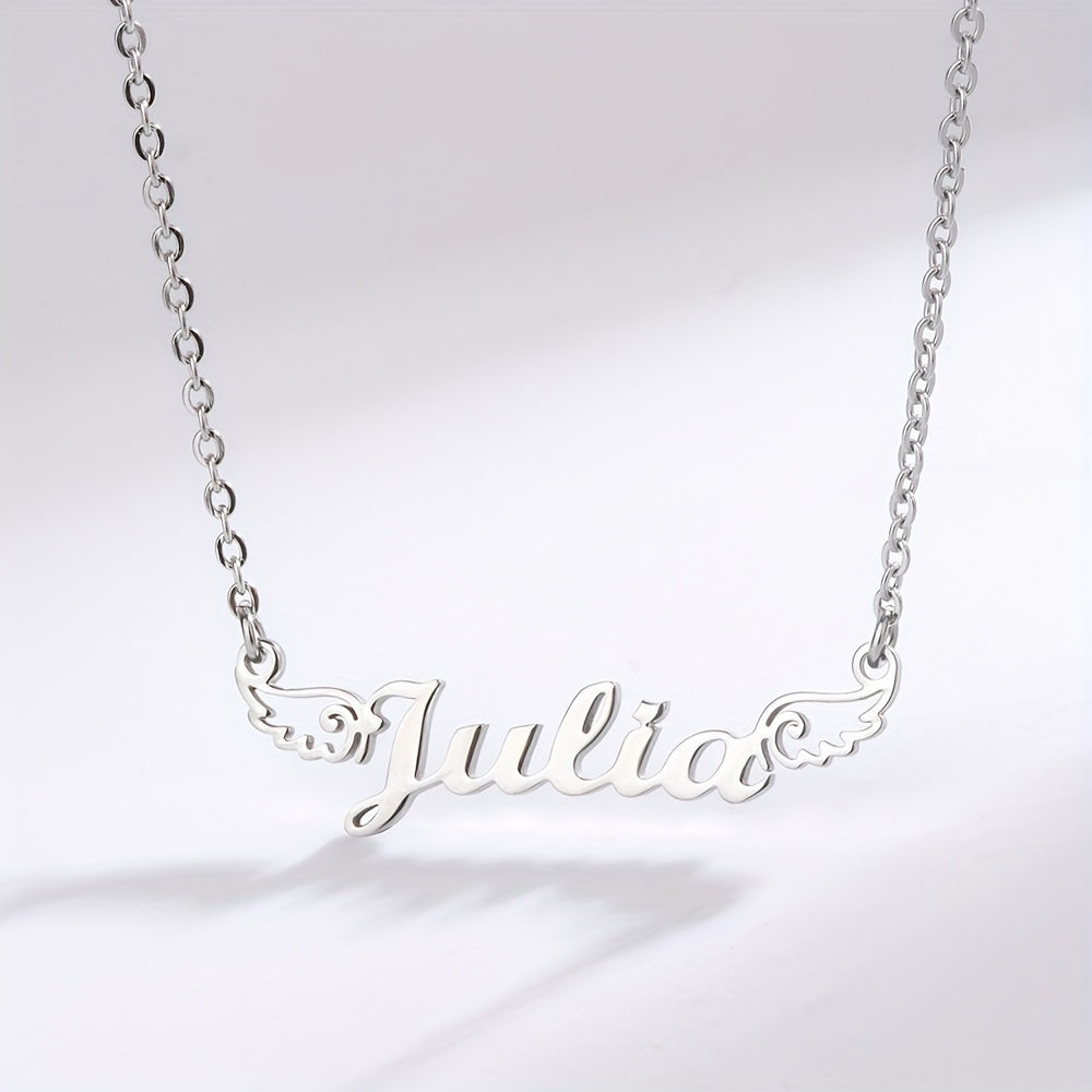 Personalized Angel Wings Pendant Name Necklace Custom Engraved Letter Hollow Cut