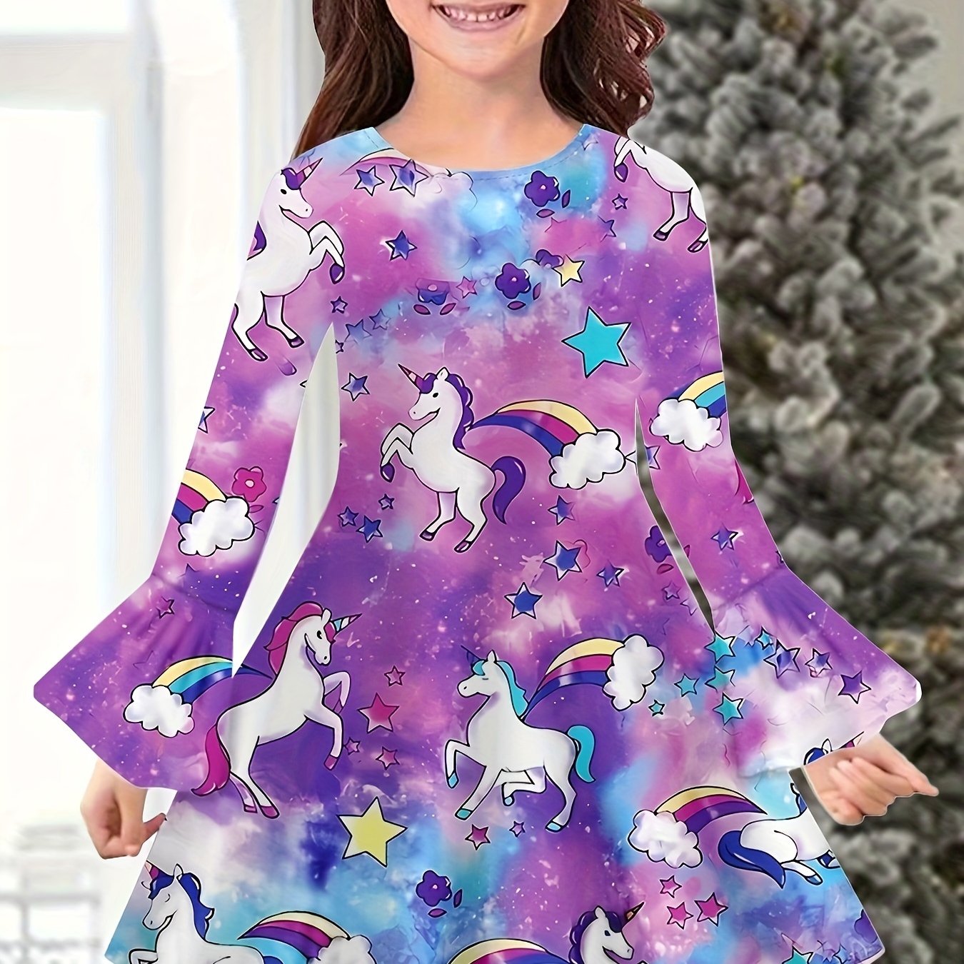Lovely Unicorn Rainbow Print Long Sleeve Dress for Girls