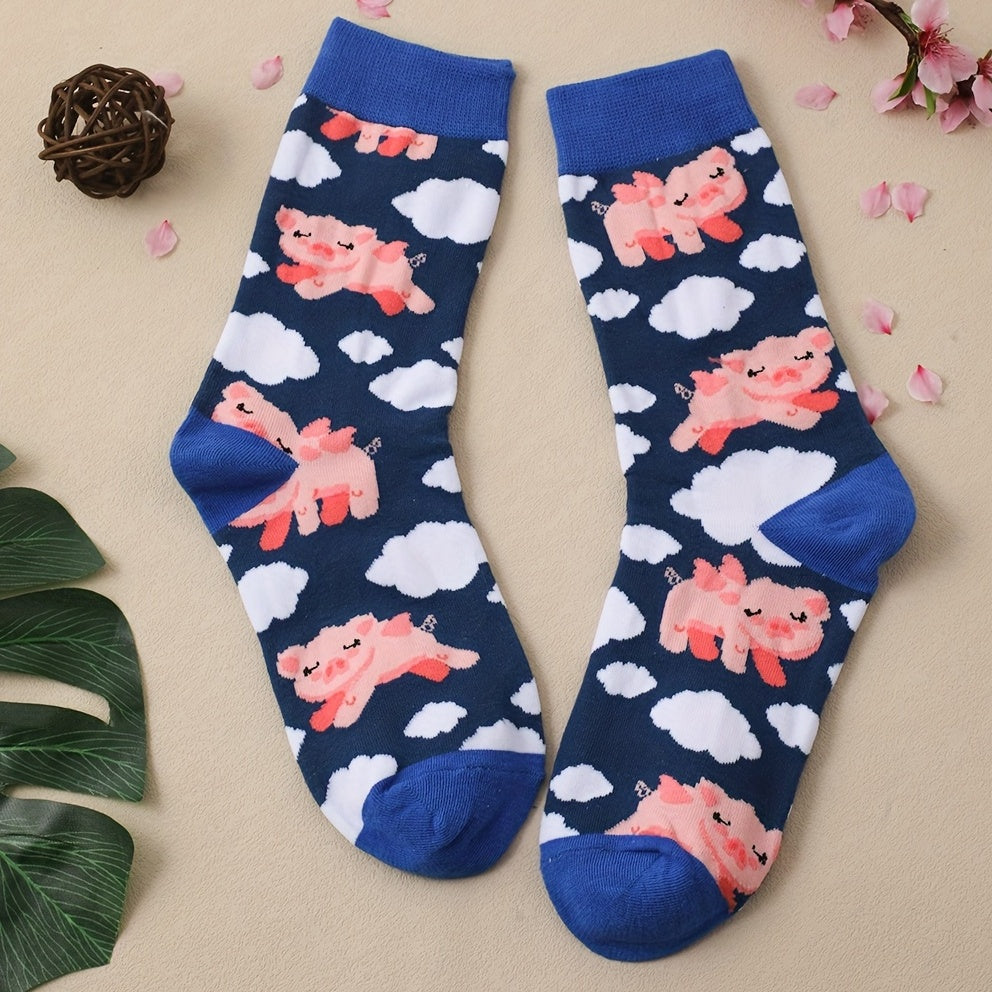 Cartoon Pig Print Crew Socks Women's Stockings