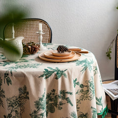 Green Pine Cone Print Round Fringed Tablecloth