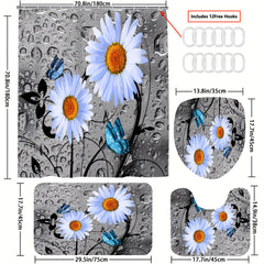 Non Slip Bathroom Rugs & Shower Curtain Set with Flower & Butterfly Pattern