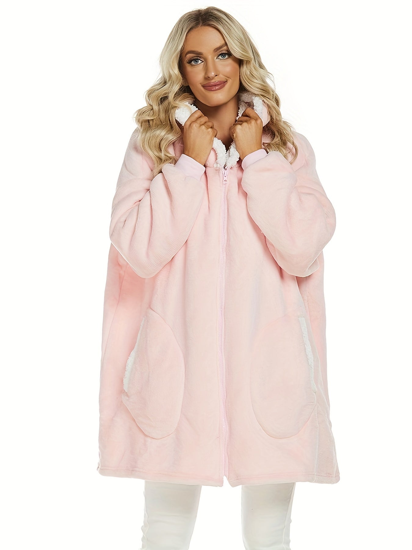 Solid Plush Hooded Lounge Top with Pockets