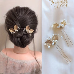 Golden Leaf Hair Pin Bridal U shaped Pin Headdress Hair Accessories