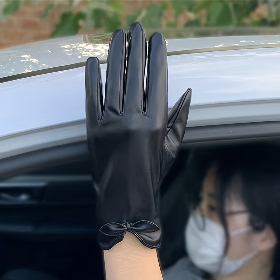 Solid Bow PU Gloves Warm Outdoor Coldproof Gloves