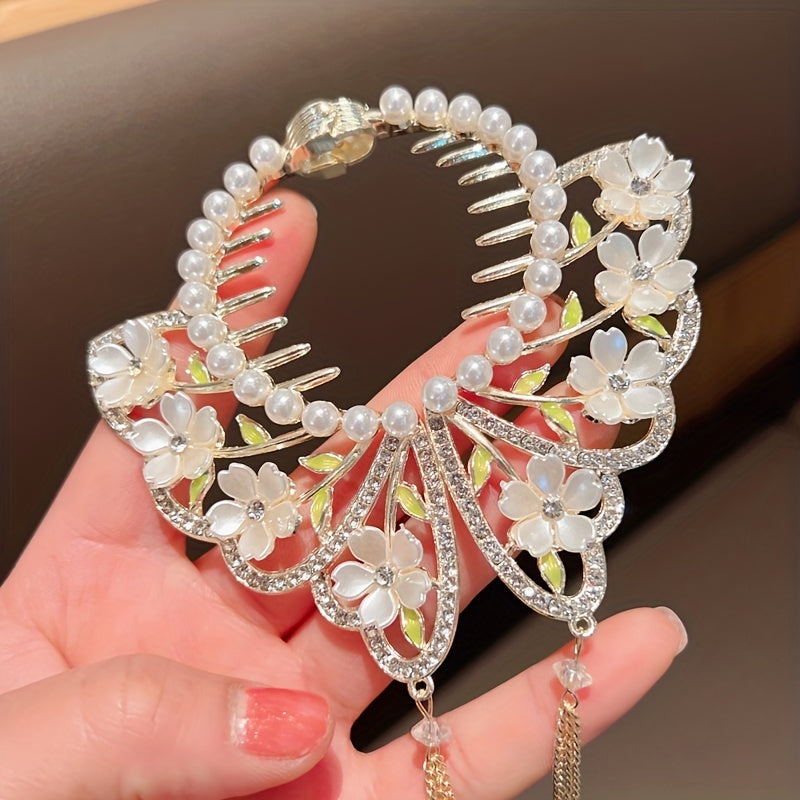 Glitter Chain Tassel Hair Claw Clip Butterfly Shape Faux Pearl Flower Hair Clip