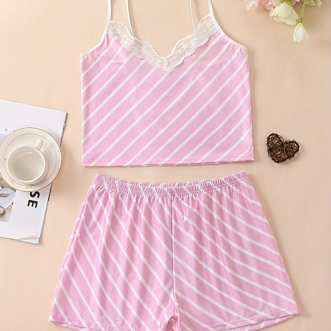 Striped Print Pajama Set Lace Trim V Neck Cami Top & Lounge Shorts