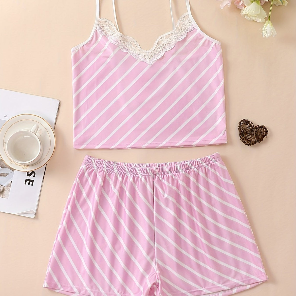 Striped Print Pajama Set Lace Trim V Neck Cami Top & Lounge Shorts