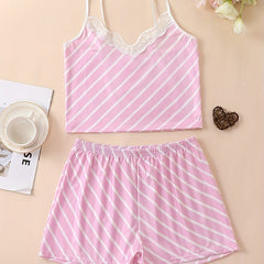 Striped Print Pajama Set Lace Trim V Neck Cami Top & Lounge Shorts