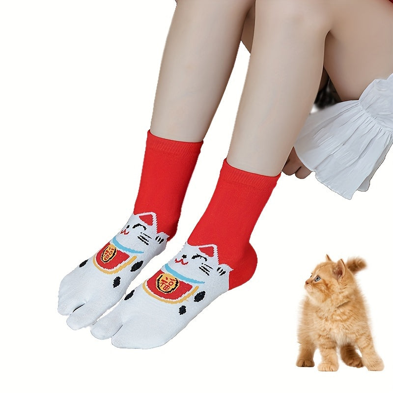 2 Pairs Cartoon Cat Print Toe Socks for Women
