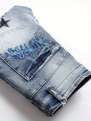 Men's Slim Fit Embroidery Denim Jeans Casual Streetwear Trousers