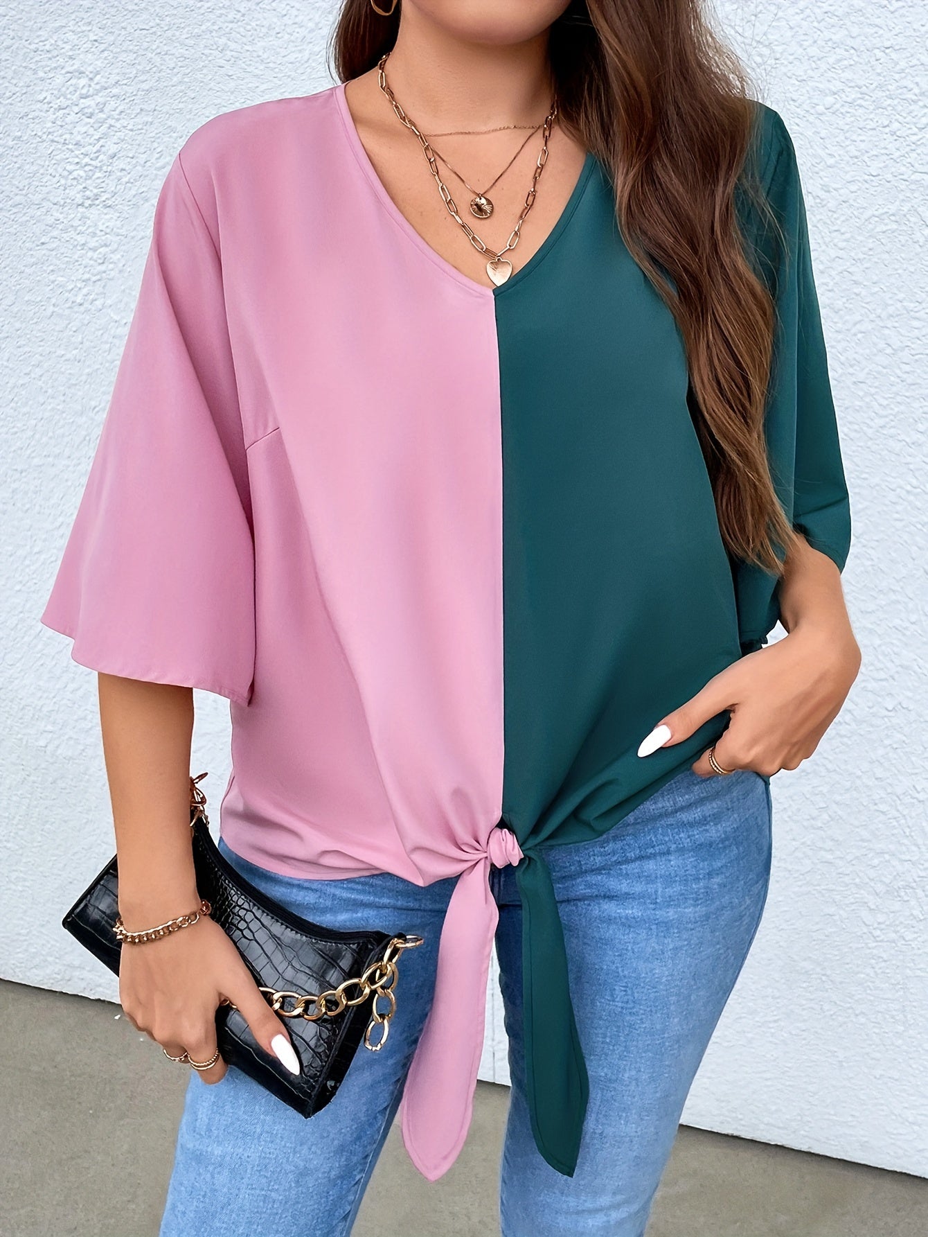  Colorblock V Neck Tunic Top