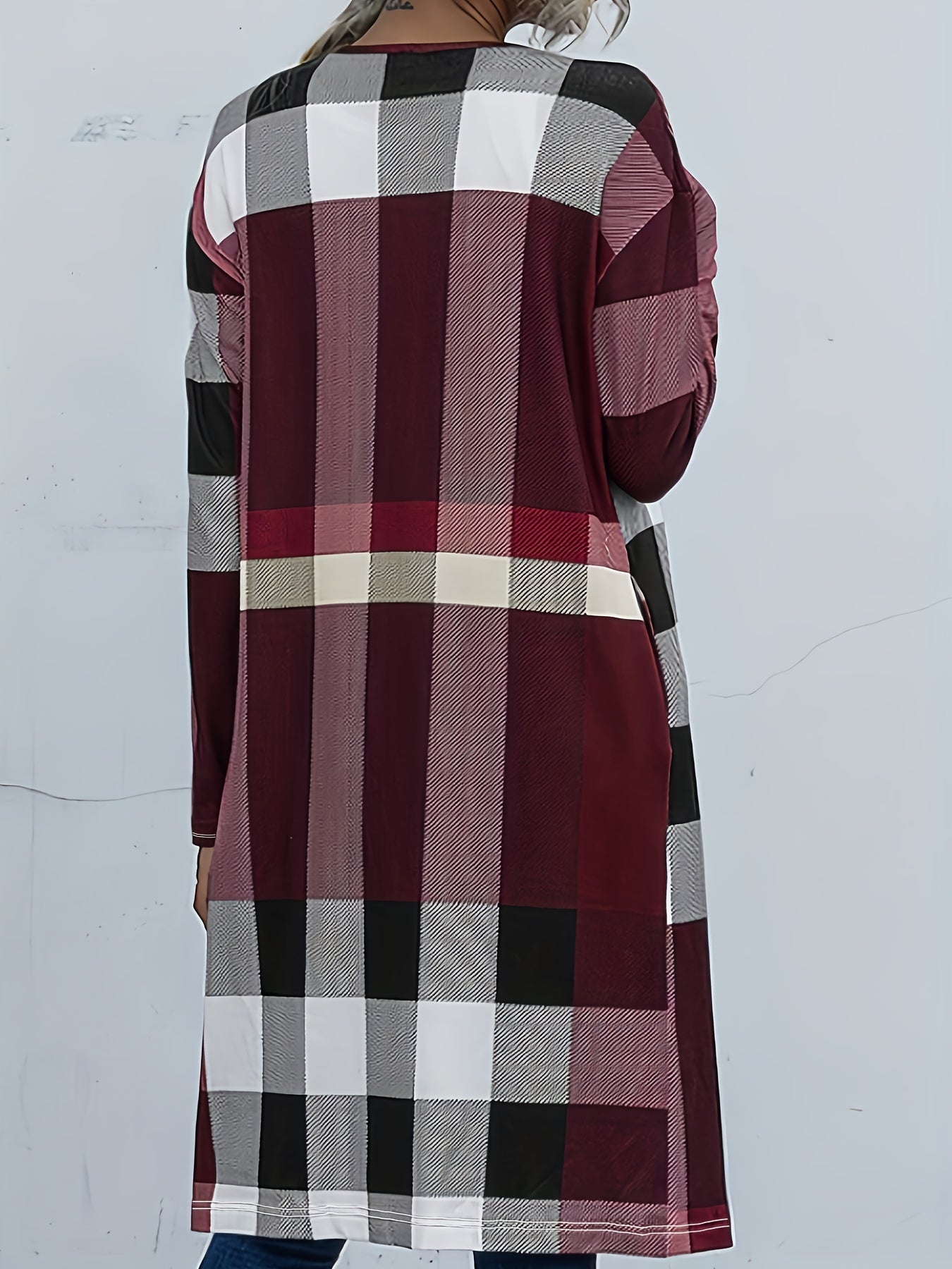  Colorblock Gingham Print Open Front Cardigan
