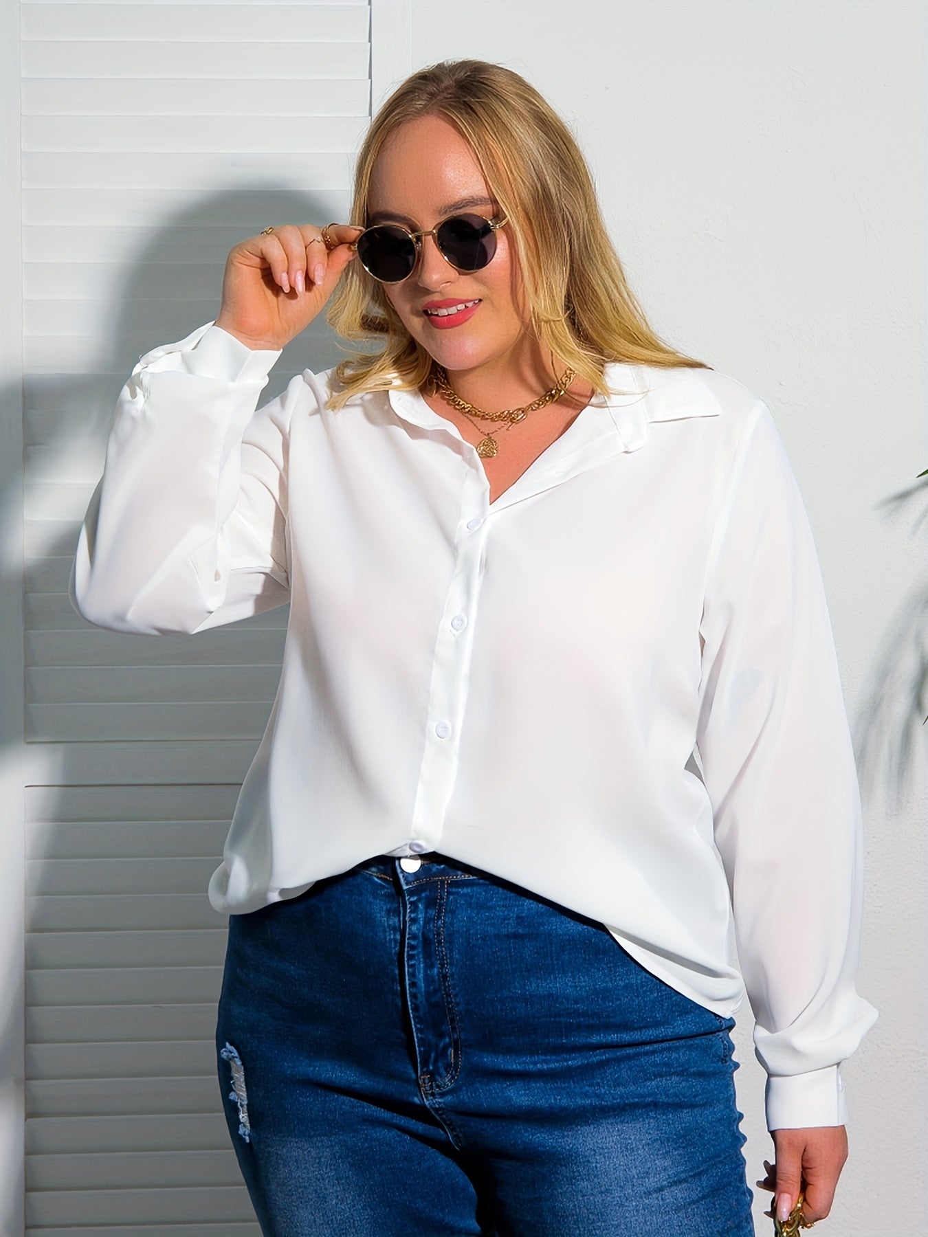  Solid Button Up Lantern Sleeve Blouse