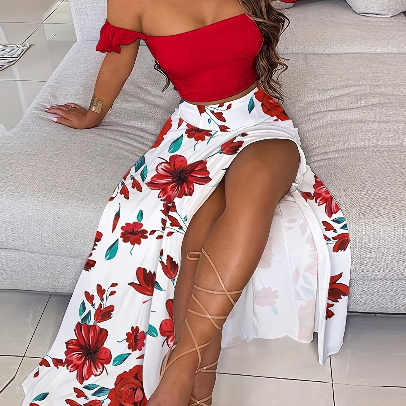 Boho 2 Piece Set Off Shoulder Smocked Tube Top & Floral Print Skirt