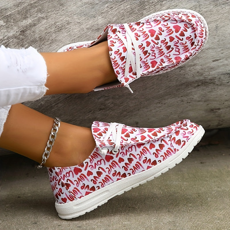Women's Heart & Letter Printed Lace Up Flat Shoes
