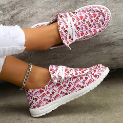 Women's Heart & Letter Printed Lace Up Flat Shoes