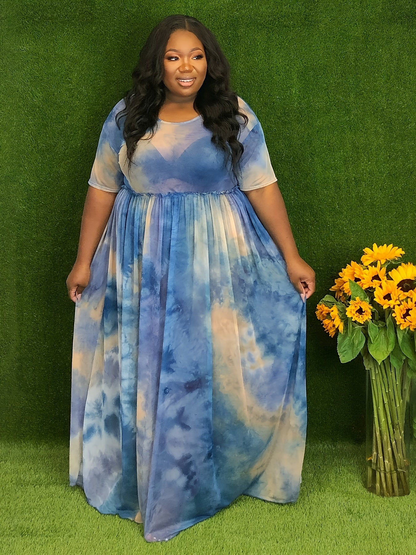  Tie Dye Maxi Dress Round Neck High Stretch