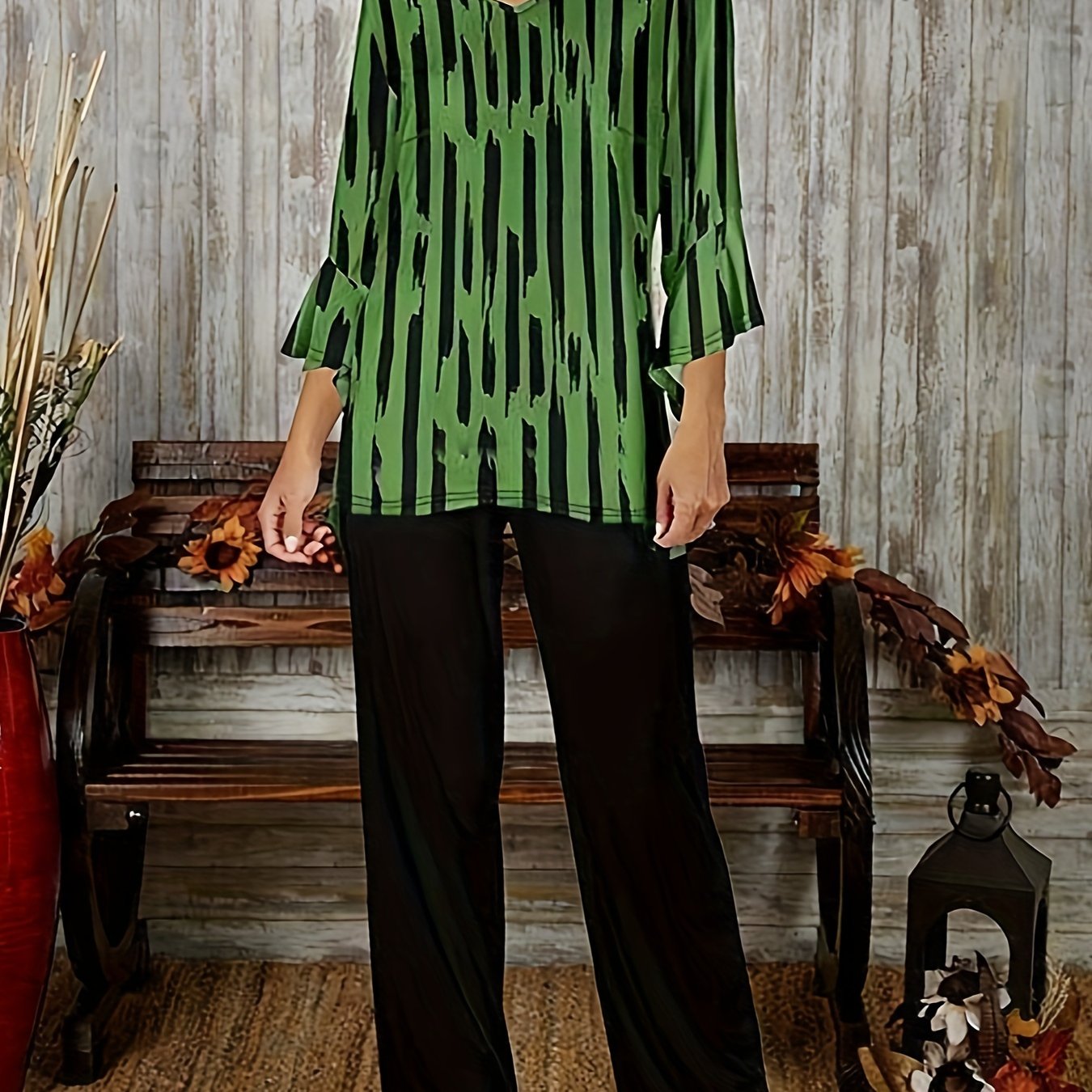 Women's Plus Striped Print Bell Sleeve Top & Wide Leg Pants Outfit Set