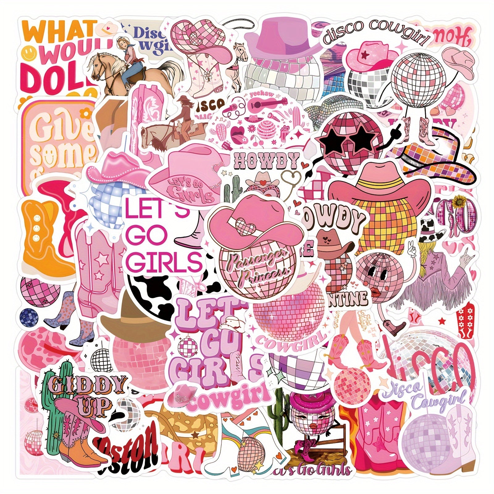 55pcs Disco Cowgirl Sticker Pack - Cowboy & Western Themed Vinyl Decals