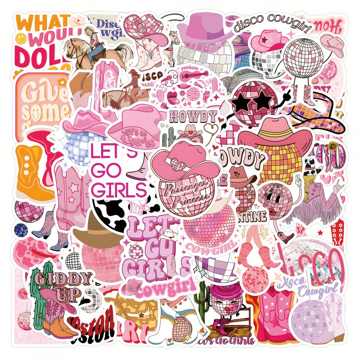 55pcs Disco Cowgirl Sticker Pack - Cowboy & Western Themed Vinyl Decals