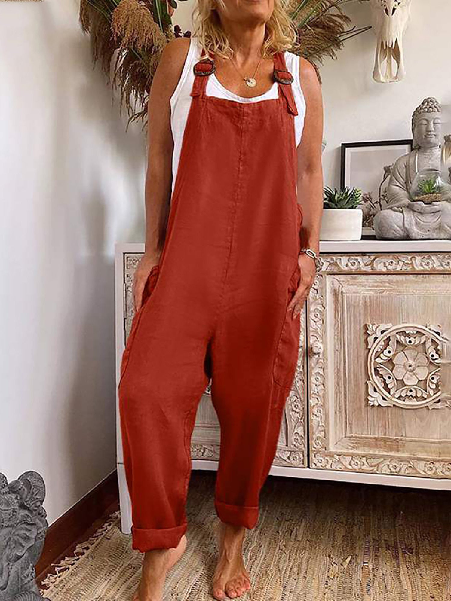 Solid Camisole Long Jumpsuit Sleeveless Side Pockets Women's Clothing