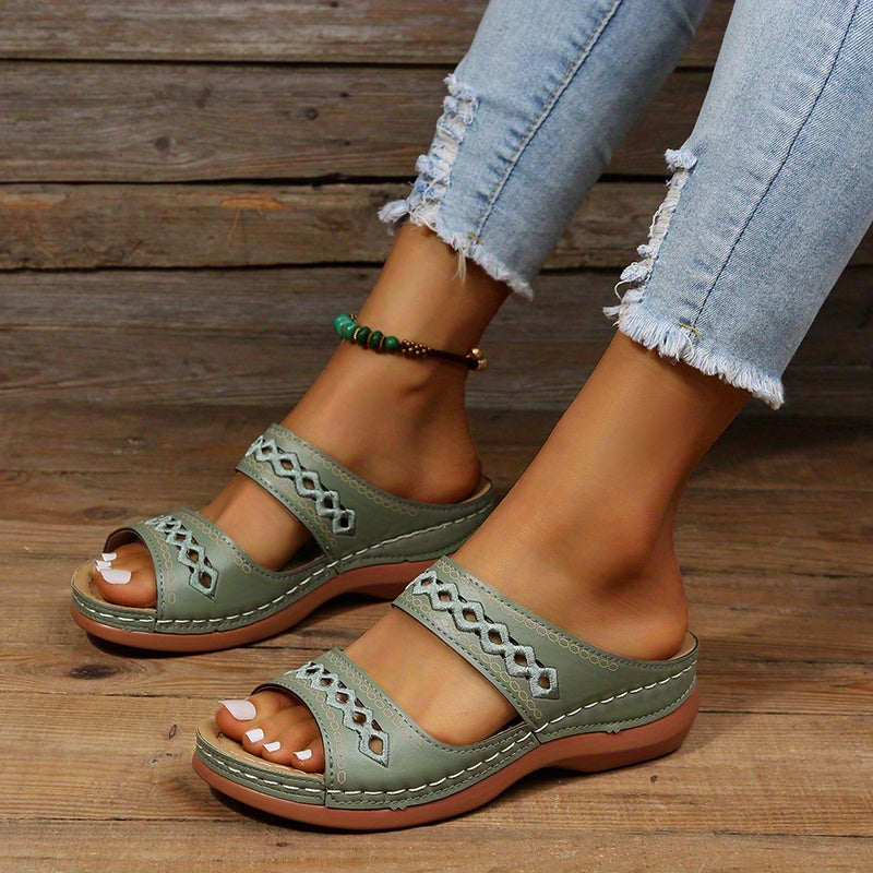 Women's Wedge Sandals Open Toe Faux Leather Casual Slides