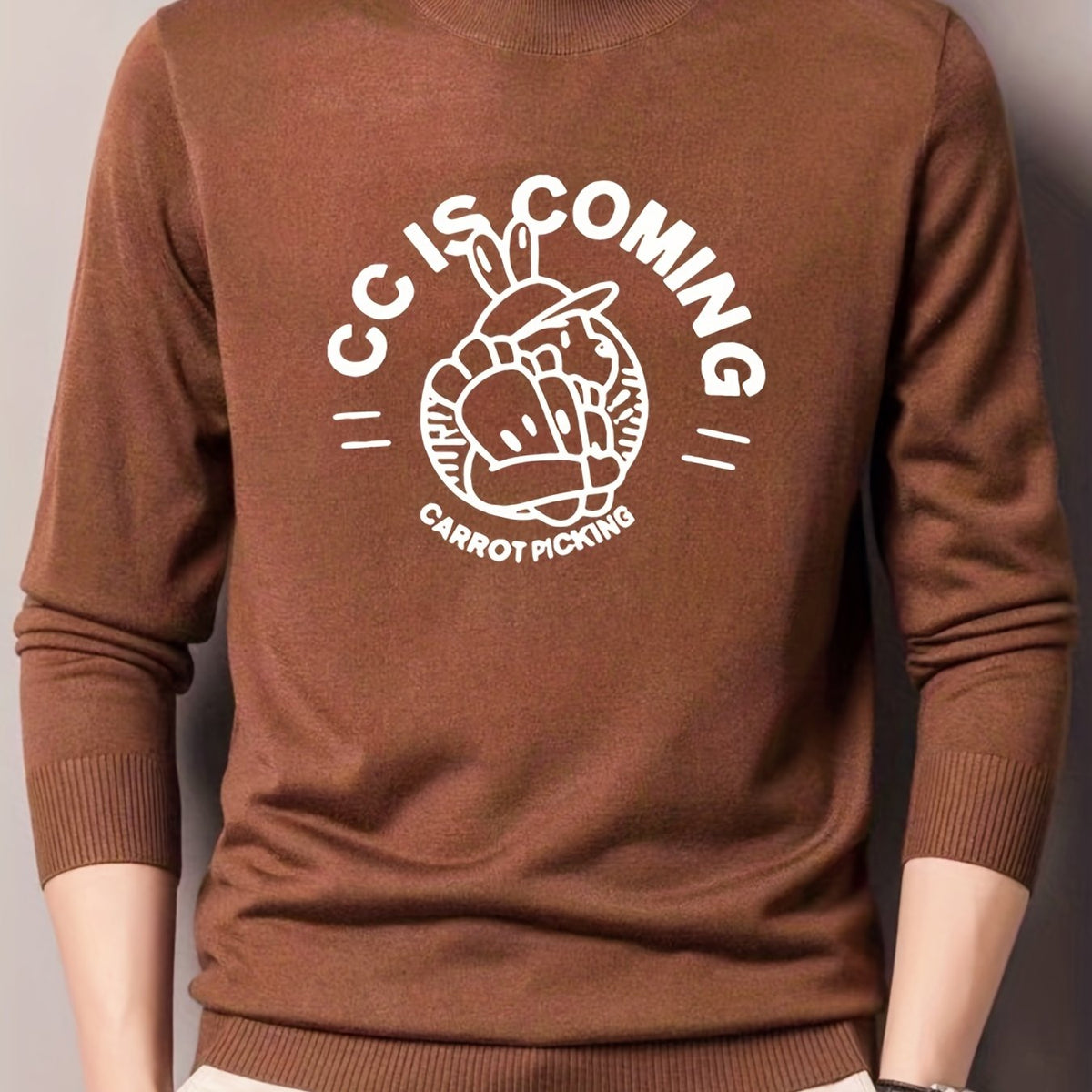 Cartoon Rabbit Print Knit Sweater Men's Crew Neck Pullover