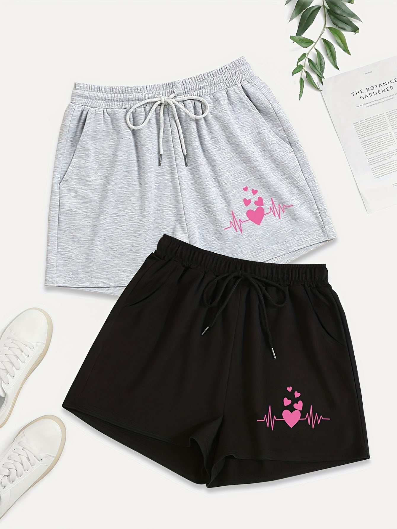 2 Pack Plus Size Heart Print Drawstring Shorts With Pockets