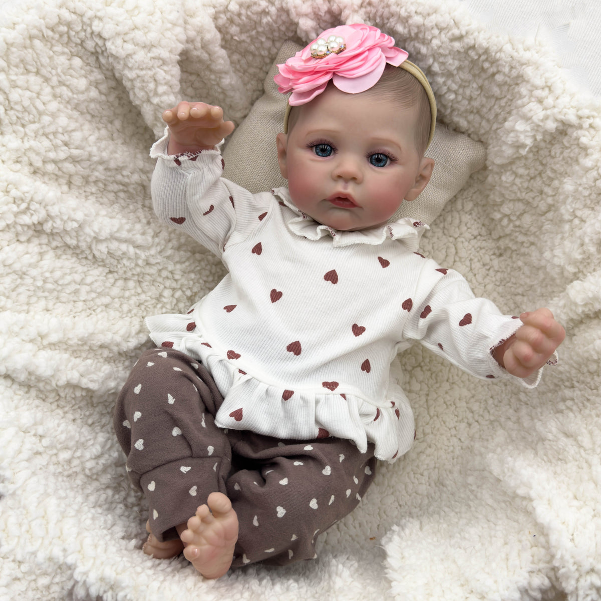 Handcrafted Meadow Anime Doll 45 Reborn Baby Doll in Heart Print Outfit
