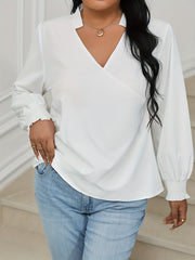  Solid Lantern Sleeve V Neck Top