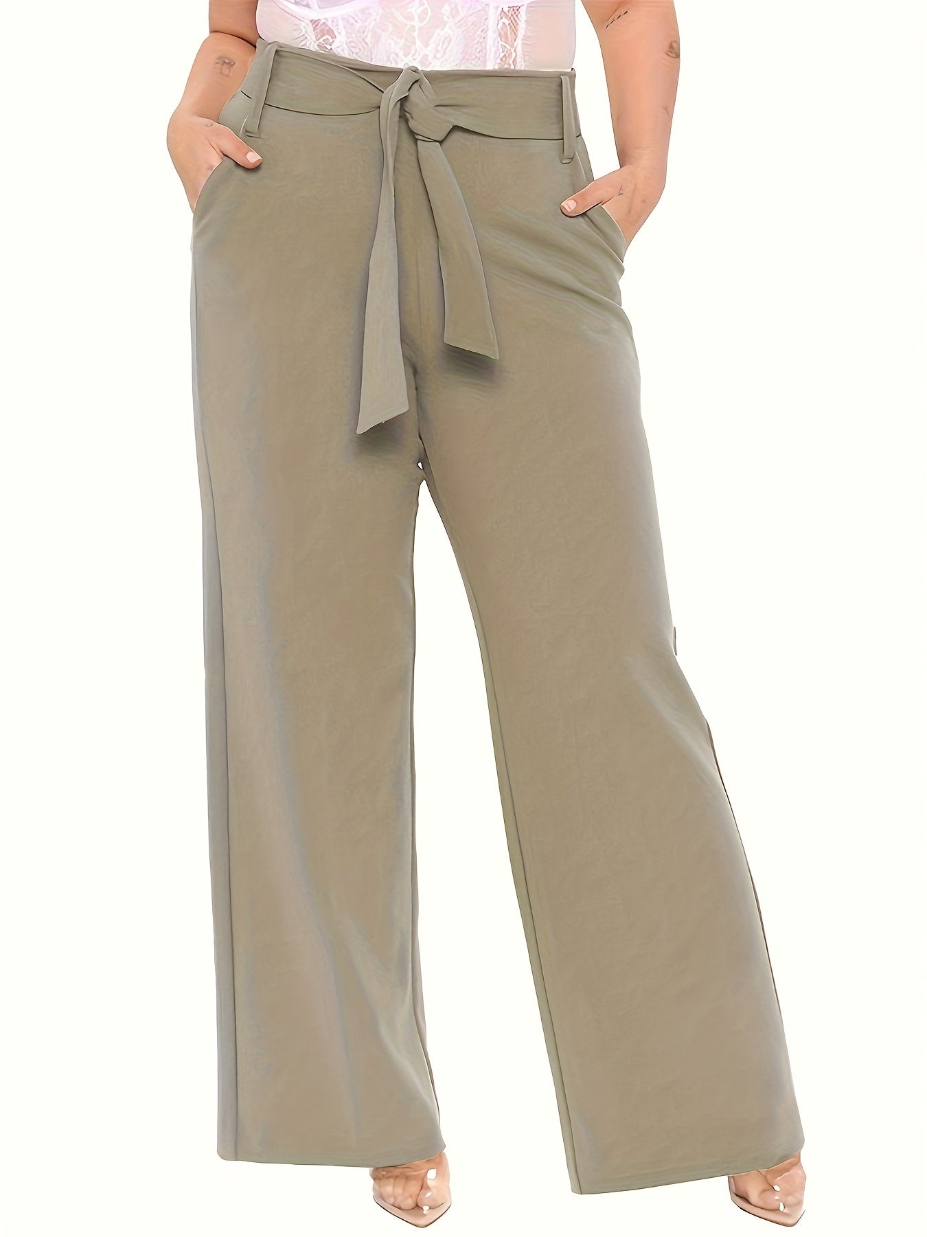 Women's Plus Solid Wide Leg Loose Trousers With Belt