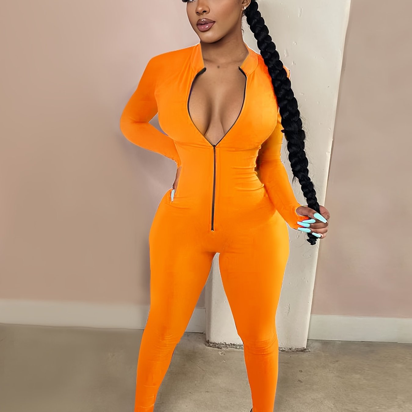 Sexy Bodycon Zip Up Jumpsuit Solid Long Sleeve Stretchy Jumpsuit
