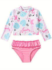2pcs Girls Flamingo Sporty Swimsuit Set Long Sleeve Top Briefs